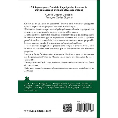 31 leçons pour l’oral de l’agrégation interne de mathématiques et leurs développements. Oral 1 et oral 2. 2e édition